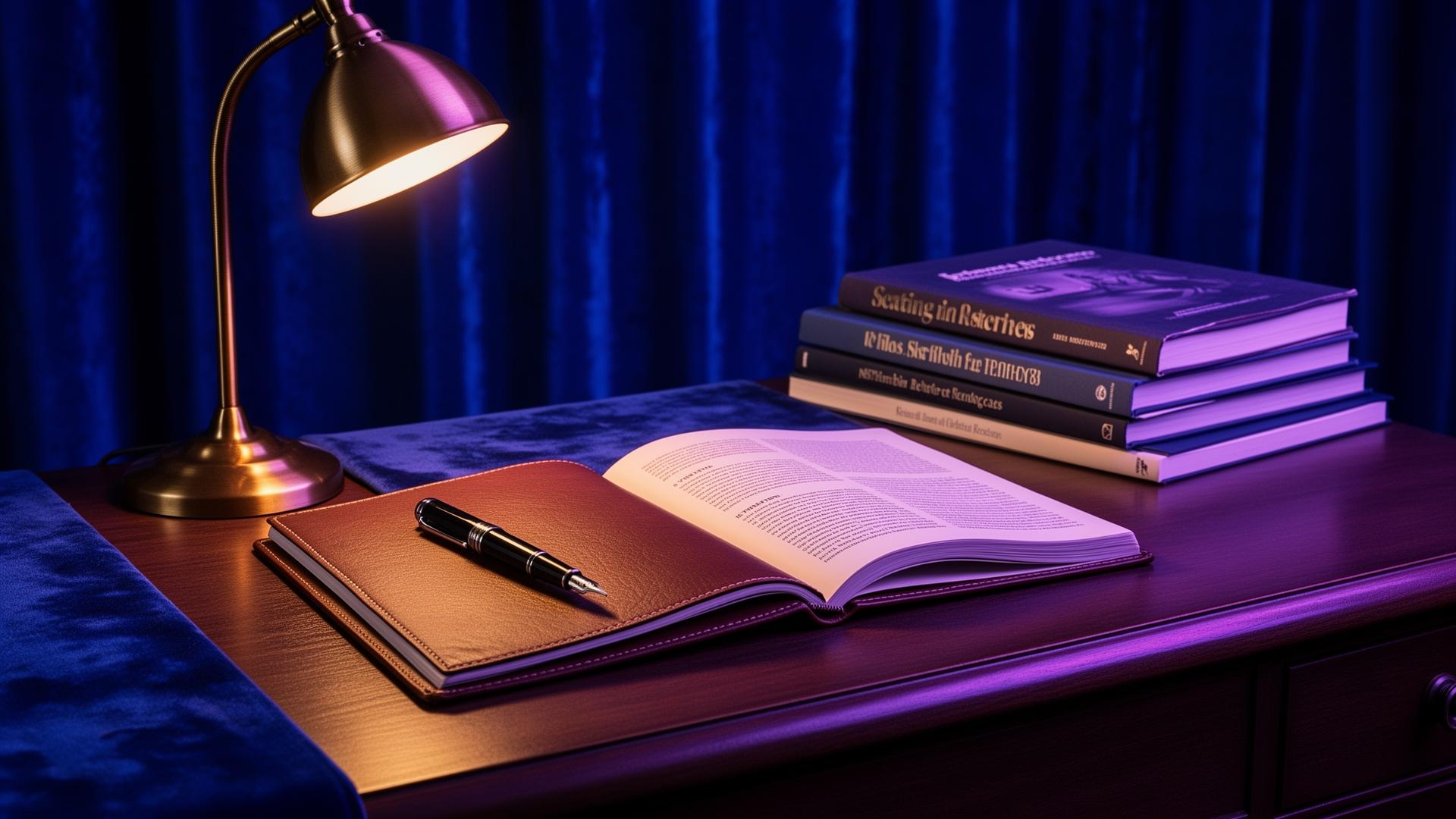 Editor's desk with reference books and notebook