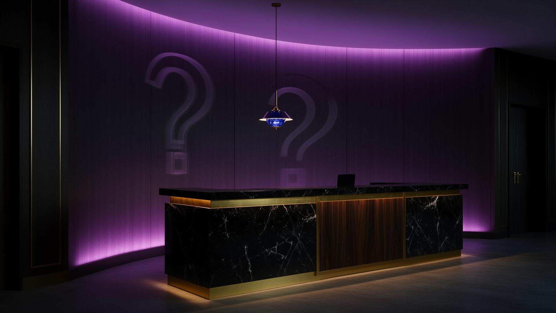 Luxury concierge desk in a stadium VIP lobby with a sapphire pendant lamp