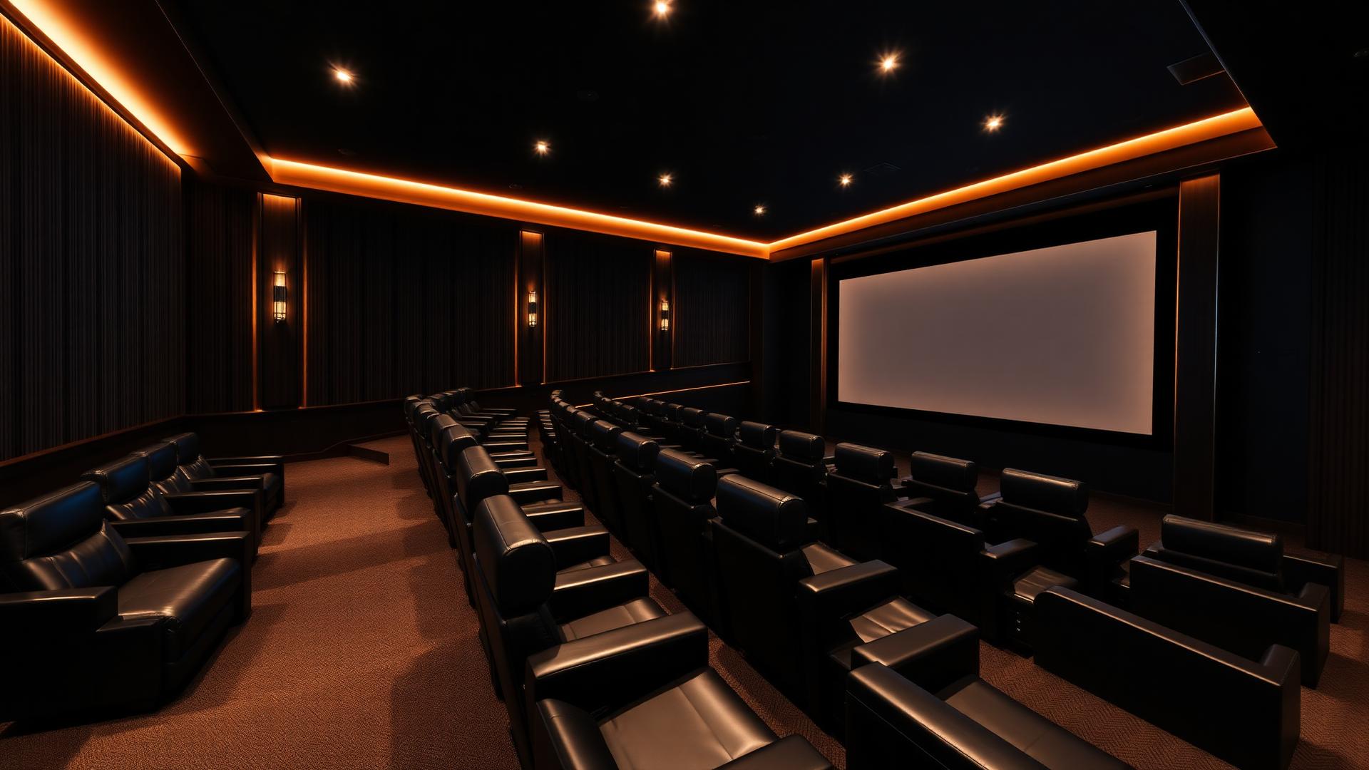 Premium home theater with tiered rows of leather recliners