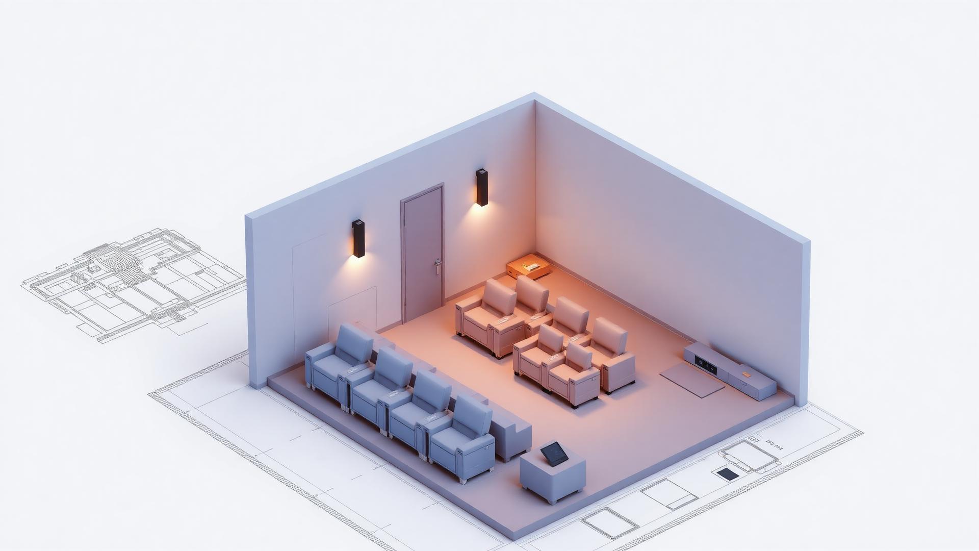 Isometric blueprint render of a home theater room layout