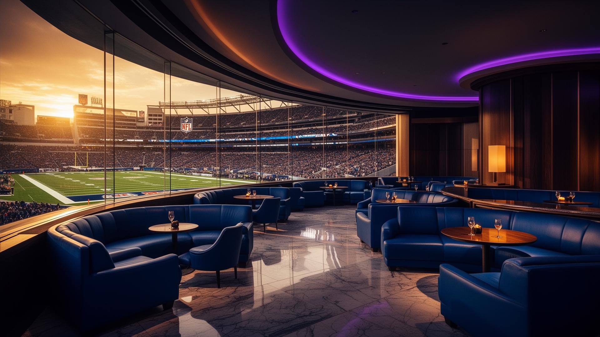 Premium stadium club lounge overlooking an NFL field at golden hour