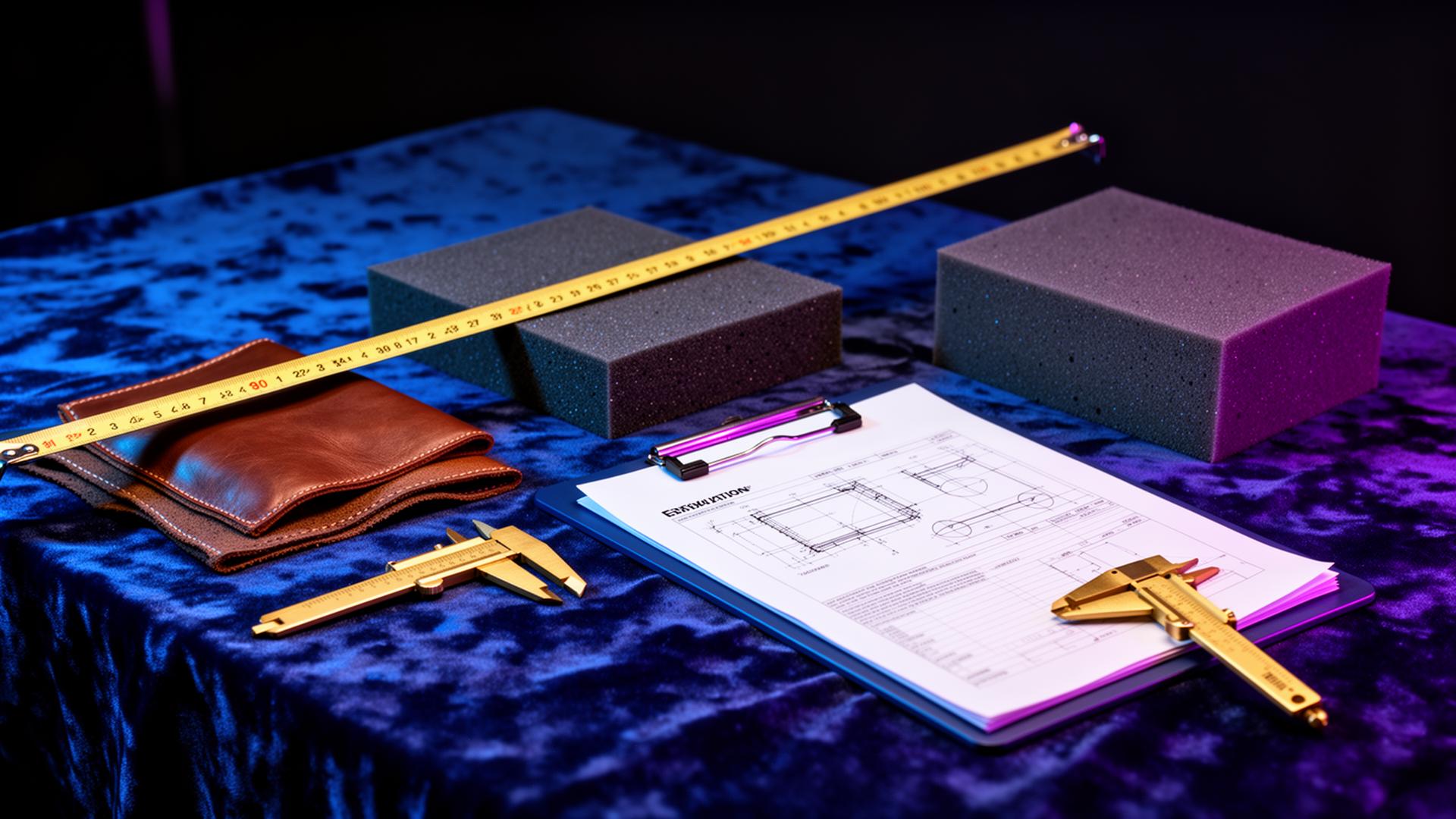 Evaluation lab still life with calipers, foam samples, leather swatches